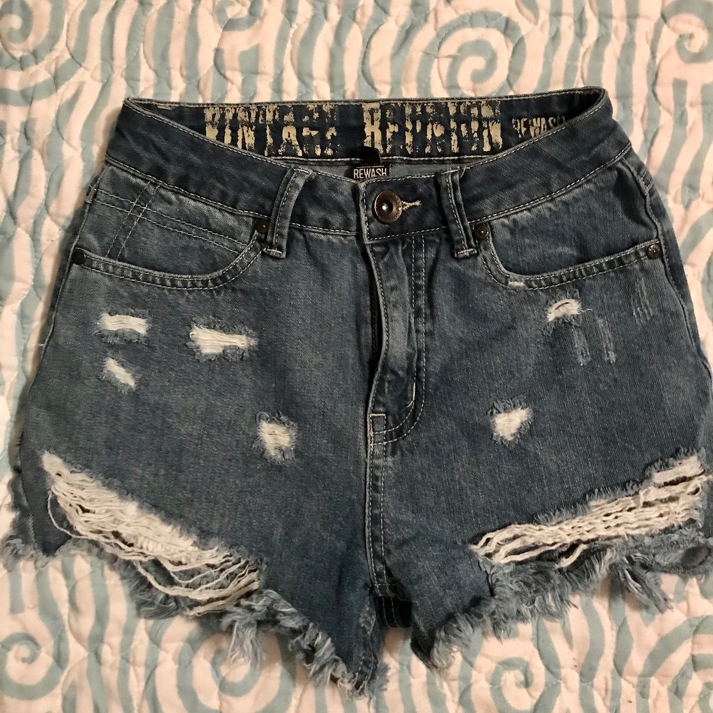 Juniors high waisted distressed denim shorts